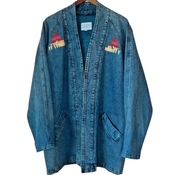 Vintage Sundance Denim Southwestern Concho Teal Aztec Print Acid Wash Coat USA L - Picture 2 of 16
